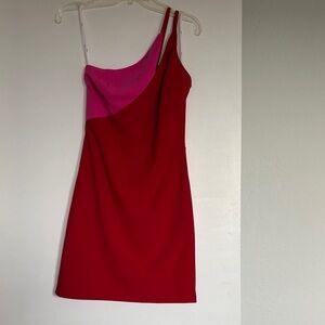 Lulu's Vibrant Pink and Red One Shoulder mini dress